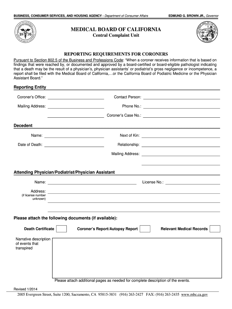 Fillable Online mbc ca Reporting Requirements for Coroners. Reporting