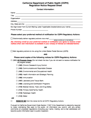 California Regulation Notice Request Sheet