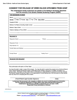 California Consent for Release of Dried Blood Specimen