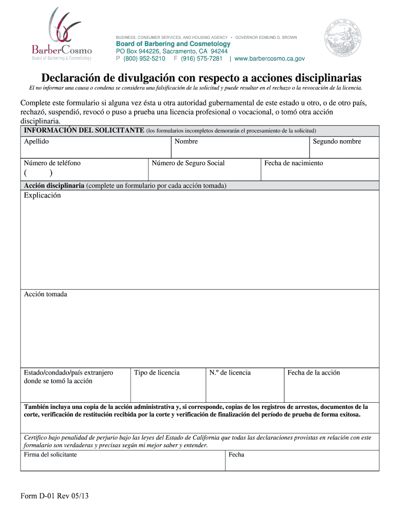 California Board of Barbering and Cosmetology - Spanish Documents - DECLARACI N DE DIVULGACI N CON R Vista previa en la página 1