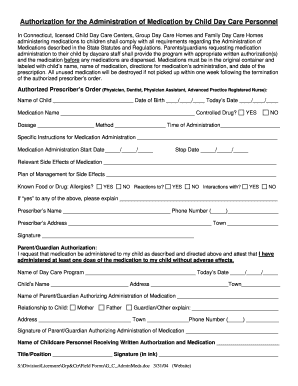 Authorization for Medication Administration by Child Day Care Personnel