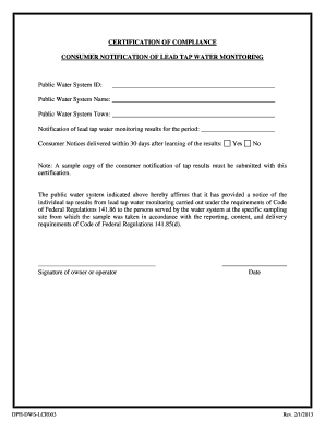 Consumer Notification of Lead Tap Water Monitoring Certification