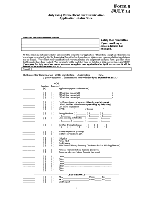 Connecticut Bar Examination Application Status Sheet