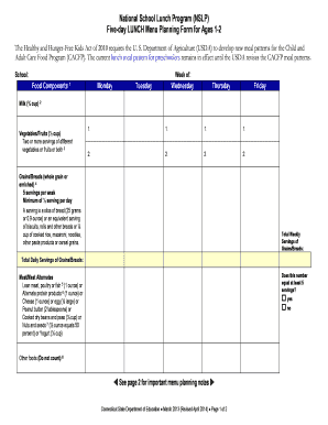 National School Lunch Program Five-Day Lunch Menu Planning Form