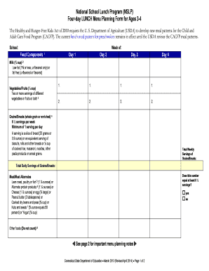 National School Lunch Program Menu Planning Form