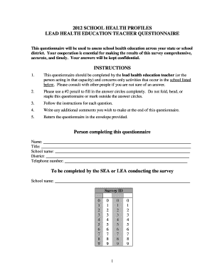 2012 School Health Profiles Teacher Questionnaire