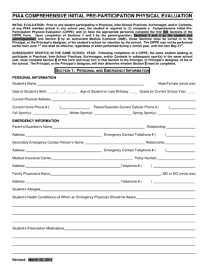 PIAA Comprehensive Initial Pre-Participation Physical Evaluation
