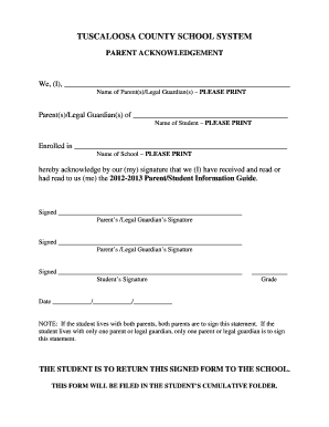 Tuscaloosa County Parent Acknowledgement Form