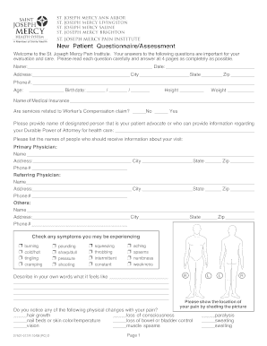 St. Joseph Mercy Pain Institute New Patient Questionnaire