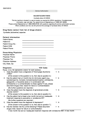 Service Authorization Form for Cymbalta