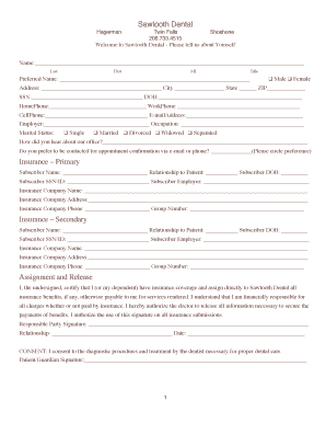 Sawtooth Dental Patient Intake Form