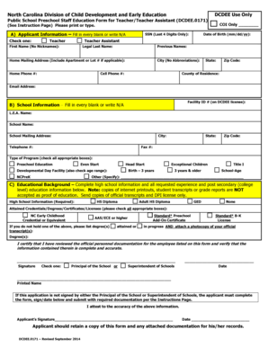 North Carolina Preschool Staff Education Form