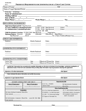 Preservice Requirements for Administrator of a Child Care Center
