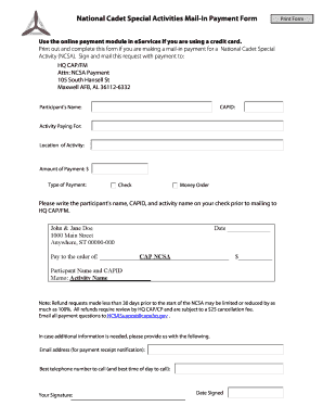 National Cadet Special Activities Mail-In Payment Form