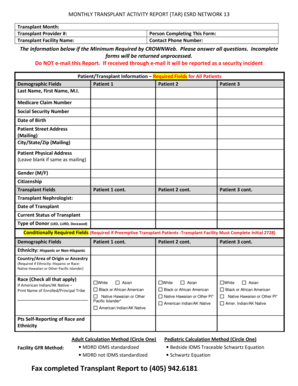 Monthly Transplant Activity Report ESRD Network 13