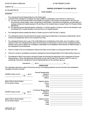 South Carolina Verified Statement to Close Estate