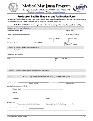 Medical Marijuana Program Production Facility Employment Verification Form