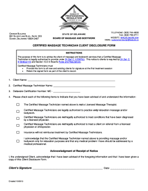 Delaware Certified Massage Technician Client Disclosure Form
