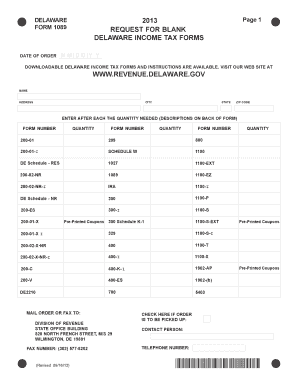 Delaware 2013 Form 1089 Request for Blank Income Tax Forms