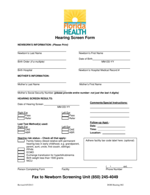 Newborn Hearing Screen Form