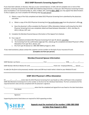 2013 SHBP Biometric Screening Appeal Form
