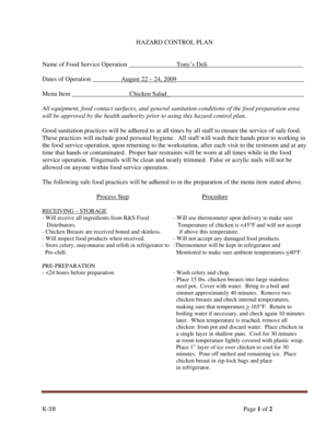 Hazard Control Plan for Food Service