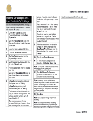 Personal Car Mileage Entry Form