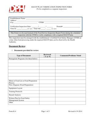 HACCP Plan Verification Inspection Form