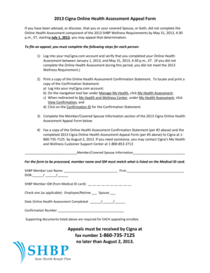2013 Cigna Online Health Assessment Appeal Form