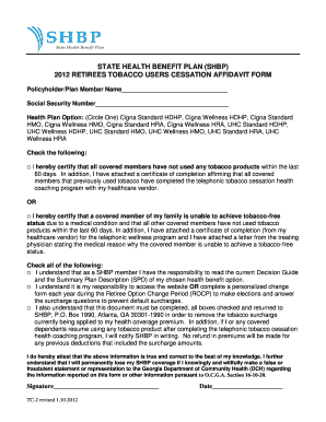 State Health Benefit Plan Tobacco Cessation Affidavit