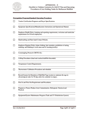 HACCP Plan Checklist for Molluscan Shellfish