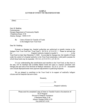 Letter of intent for insurance credentialing sample - letter of intent to transfer transfer instructions 112002 - dch georgia