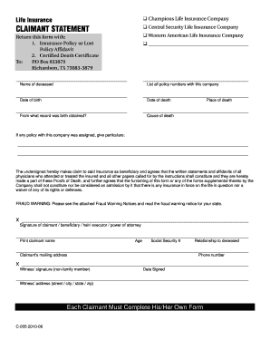 Life Insurance Claimant Statement