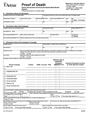 Aetna Life Insurance Proof of Death Claim Form