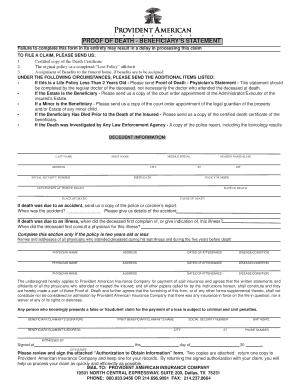 Proof of Death - Beneficiary’s Statement