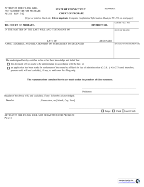 COURT OF PROBATE DISTRICT NO STATE OF bCONNECTICUTb bb