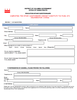 District of Columbia Education Intake Questionnaire