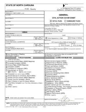 North Carolina Civil Action Cover Sheet