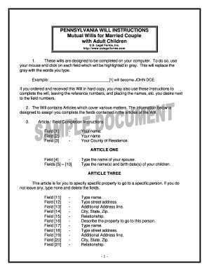 Pennsylvania Mutual Wills for Married Couple with Adult Children