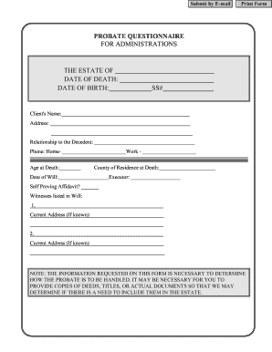 Probate Questionnaire for Estate Administration