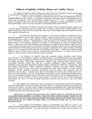 Affidavit of Eligibility, Publicity Release and Liability Waiver