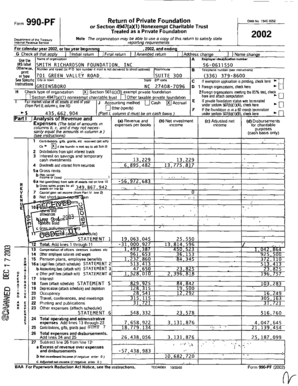 990-PF Form Return of Private Foundation Note The organization may be able to use a copy of this return to satisfy state Internal Revenue service reporting requirements For calendar ear 2002, or tax ear be room 1 Name of orpaniration U5 - -