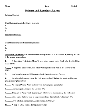 Primary and Secondary Sources Worksheet