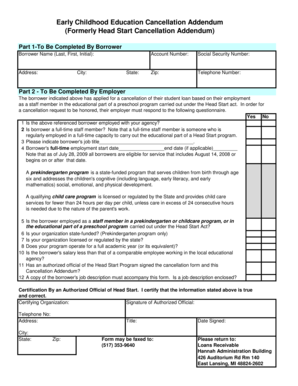 Early Childhood Education Cancellation Addendum