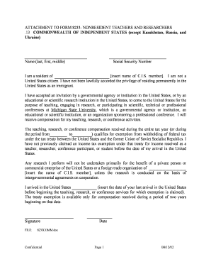 Form 8233 Attachment for Nonresident Teachers and Researchers