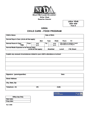 USDA Child Care Food Program Form B