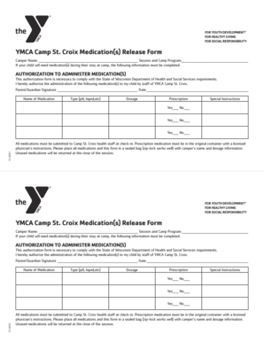 YMCA Camp St. Croix Medication Release Form