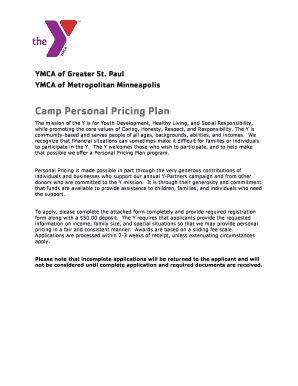YMCA Camp Personal Pricing Plan Application