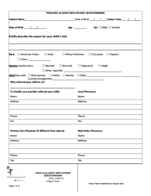 Pediatric Allergy New Patient Questionnaire