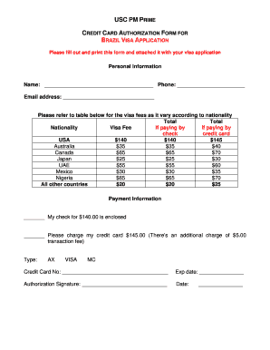 Credit Card Authorization Form for Brazil Visa Application